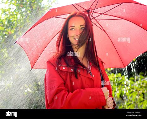 Young Woman Umbrella Breezy Rain Weather Girl Girls Woman Young