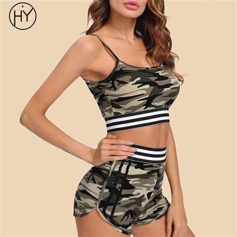 Summer Two Piece Suit Women Cotton Casual Sleeveless Camis Camouflage Elastic Waist Shorts Suit