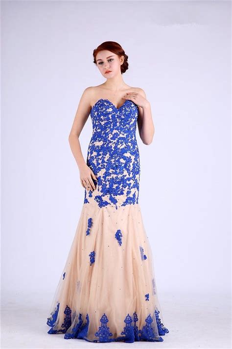 Charming Sweetheart Champagne Tulle Royal Blue Lace Applique Prom Dress