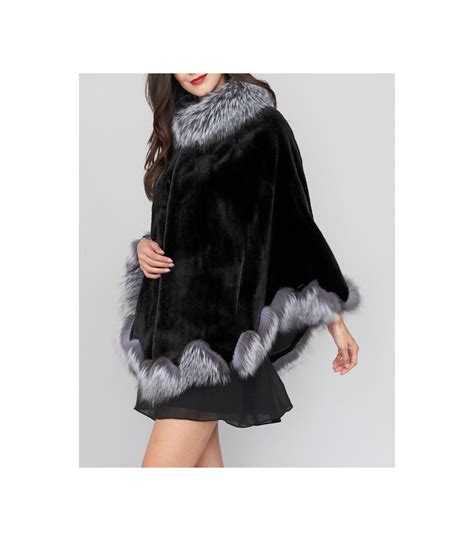 sheared mink fur cape with silver fox fur trim