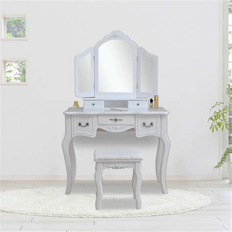 Vanity Set With Tri Folding Mirror And Cushioned Stool Girls Vanity Table With Mirror And Bench