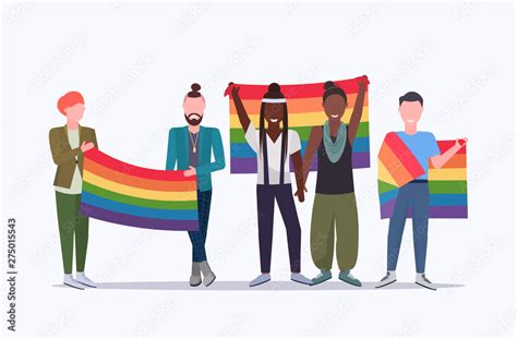 same sex couples holding rainbow flag mix race lesbians gays celebrating love parade lgbt pride