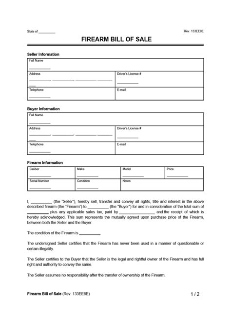 Free Firearm Bill Of Sale Form Pdf And Word Download Legal Templates