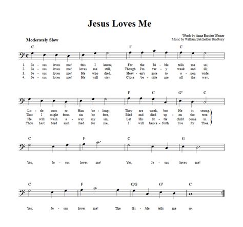 Jesus Loves Me Bass Clef Instrument Sheet Music Lead Sheet With