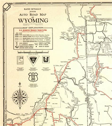 1932 Antique Wyoming State Map Auto Trails Road Map Rare Poster Size