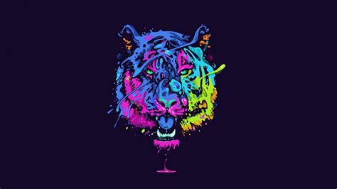 Purple Blue And Green Tiger Painting On Black Background Hd Wallpaper