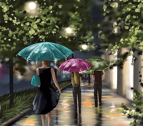 Free Download Rainy Evening Umbrella Rain Art People Hd