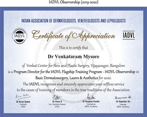 Iadvl Certificate Of Appreciation Venkat Center For Skin And Plastic