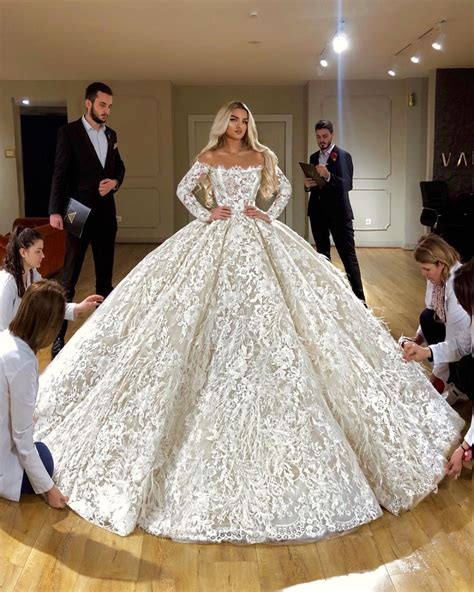 Long Sleeve Lace Wedding Dress 2019 Puffy Ball Gown Beaded Feathers
