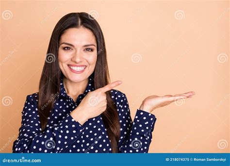 Photo Of Charming Person Direct Finger Empty Space Hand Palm Hold Show