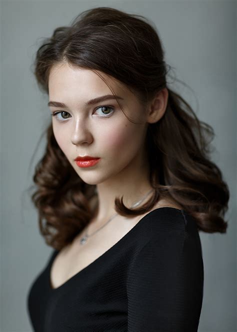 Alexey Kazantsev Women Brunette Lipstick Blush Black Clothing Necklace Simple Background