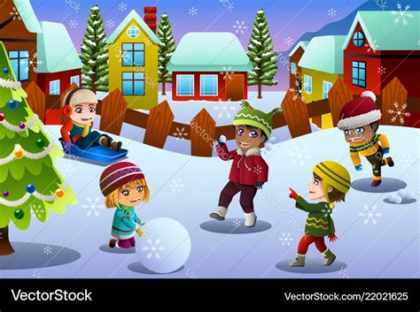 Kids Playing In The Snow During Winter Season Vector Image