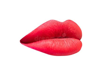 Plump Lips Sensual Red Lipstick On Lip Woman Mouth Isolated On White