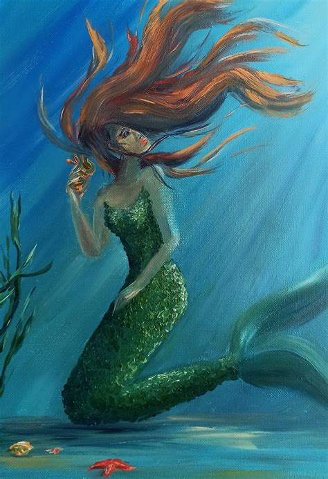Mermaid Oil Painting Nautical Artwork Underwater Mermaid Fine Etsy