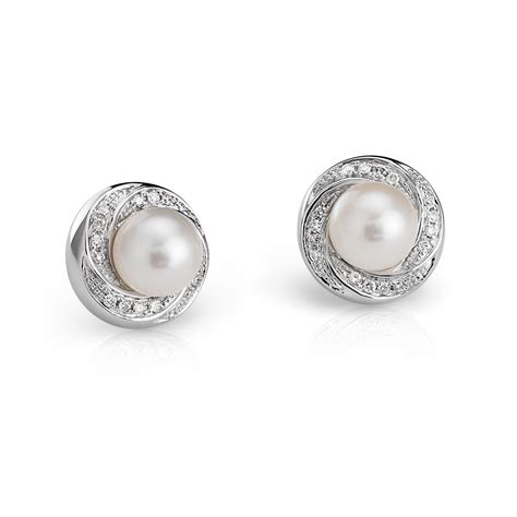 Freshwater Cultured Pearl And Diamond Stud Earrings In 14k White Gold