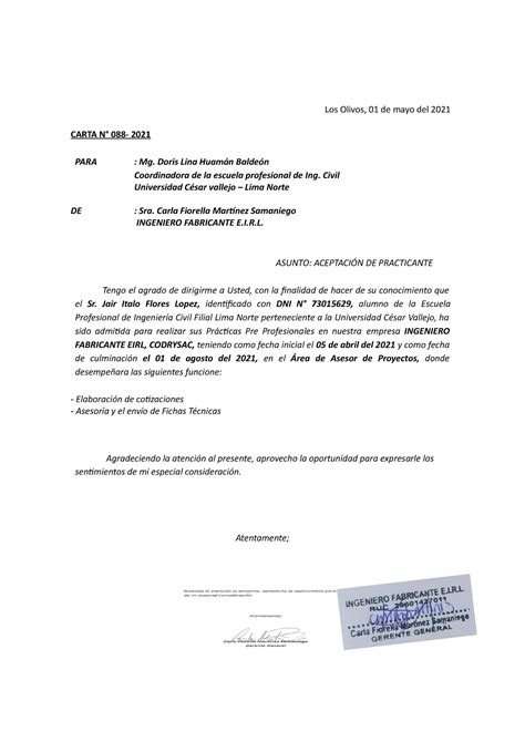 Modelo De Carta De Aceptacion De Practicas Pre Profes