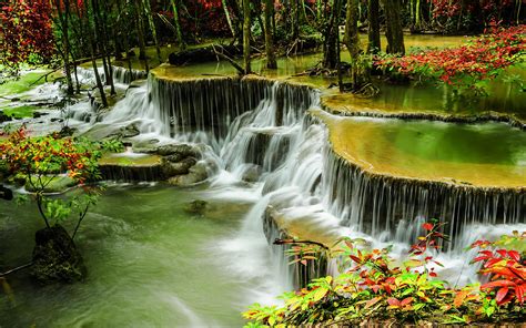Thailand Kanchanaburi Province Huay Mae Khamin Waterfall With Cascades Green Water Bumps Trees