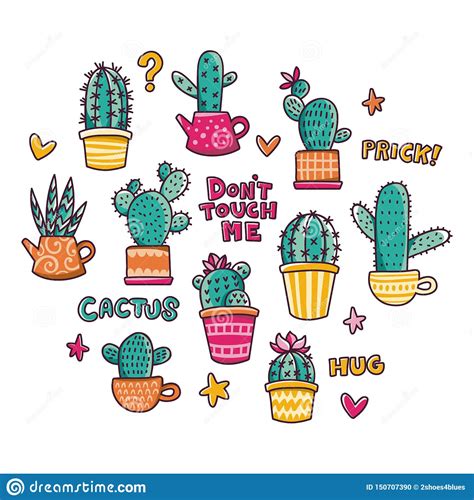 Hand Drawn Cacti Doodle Sketch Set For Stickers Prints Design And