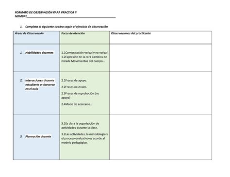 Cuadro De Observación Espero Que Les Sirva Formato De ObservaciÓn