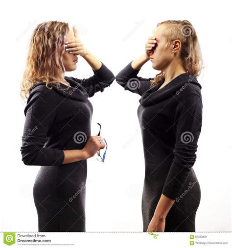 Young Blond Woman Talking To Herself Showing Gestures Double Portrait From Two Different Side