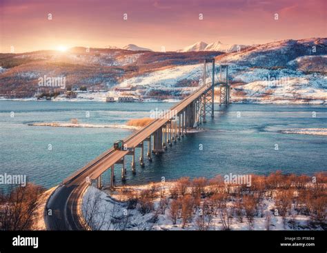 Amazing Bridge During Sunset In Lofoten Islands Norway Aerial Winter