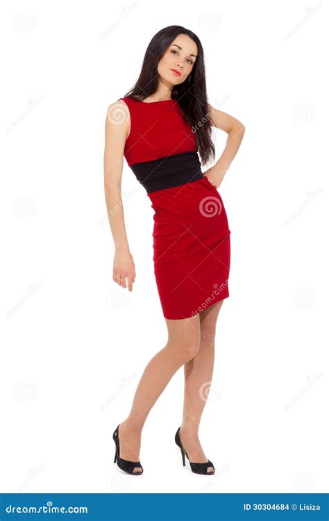 Portret Van Mooie Sexy Vrouw Die Rode Kleding En Zwarte Sho Dragen Stock Foto Image Of Rood