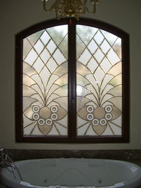 Typical workarounds a less than private bathroom window include curtains or shades but using either of. Arabesque Bevels II Tub Windows - decorative leaded ...