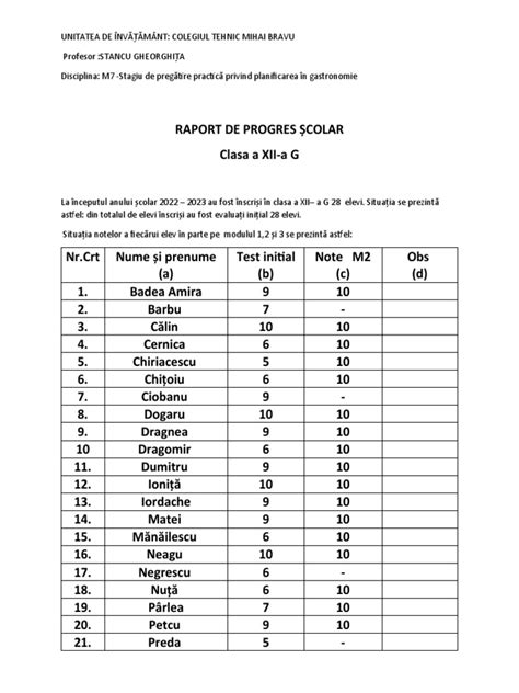 Raport De Progres Școlar Pdf