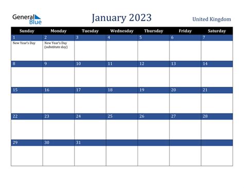 January 2023 Calendar With United Kingdom Holidays