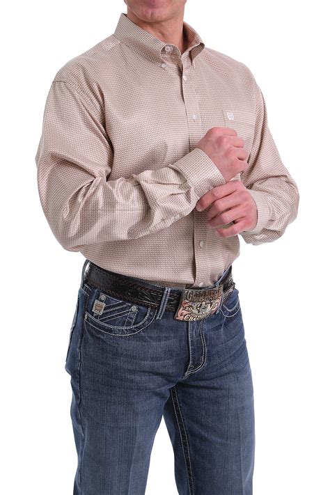 Cinch Jeans Mens Tencel Khaki And White Micro Geometric Print Button