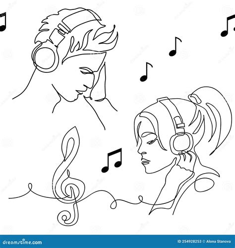 Young People Listen To Music In Headphones Vector Pattern With Musical