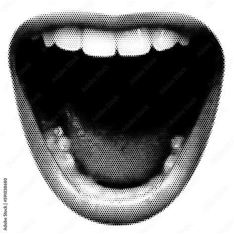 Screaming Mouth Collage Design Lips In Trendy Dotted Pop Art Style Retro Halftone Effect