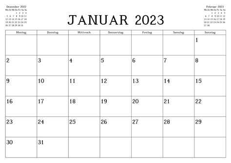 Monats Kalender Januar 2023 Zum Ausdrucken Docalendario