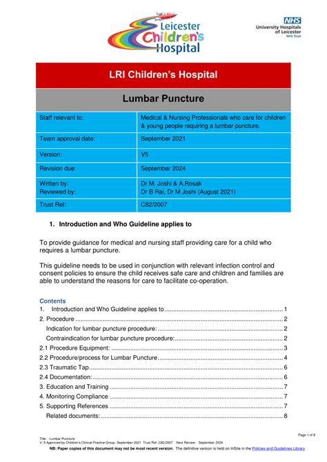 Pdf Lumbar Puncture Uhl Childrens Hospital Guideline