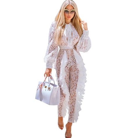 buy sheer long sleeve white lace jumpsuit for women sexy see through floral