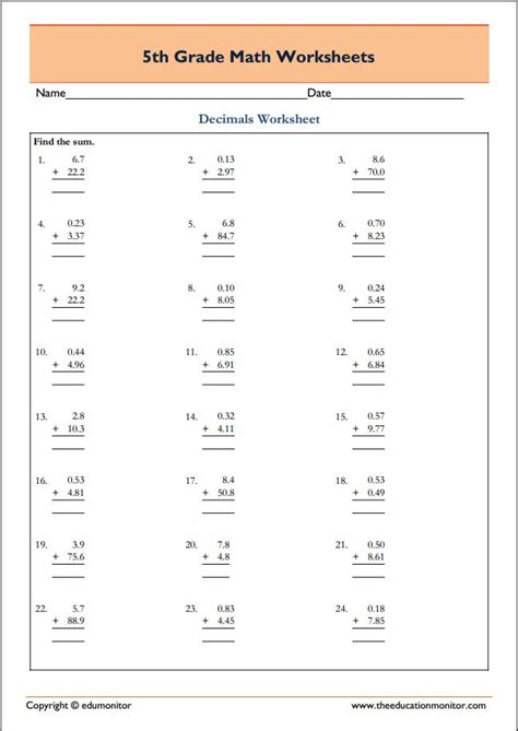 Justify for each point by: 5th Grade Math Worksheets for Free Download - pdf - EduMonitor