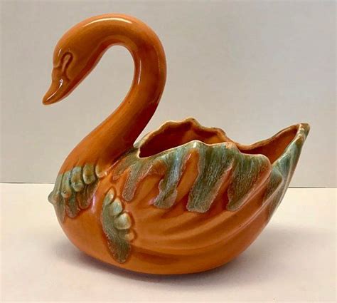 Vintage Hull Pottery Orange And Green Swan Planter Etsy Hull