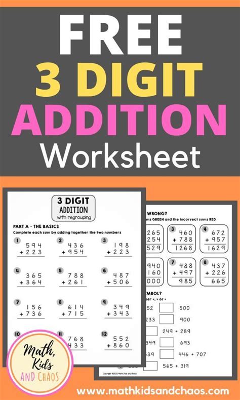 3 Digit Addition With Regrouping Worksheet Freebie Math Kids And
