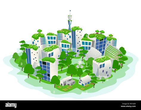 Ilustración de una ciudad verde y sostenible con árboles invernaderos