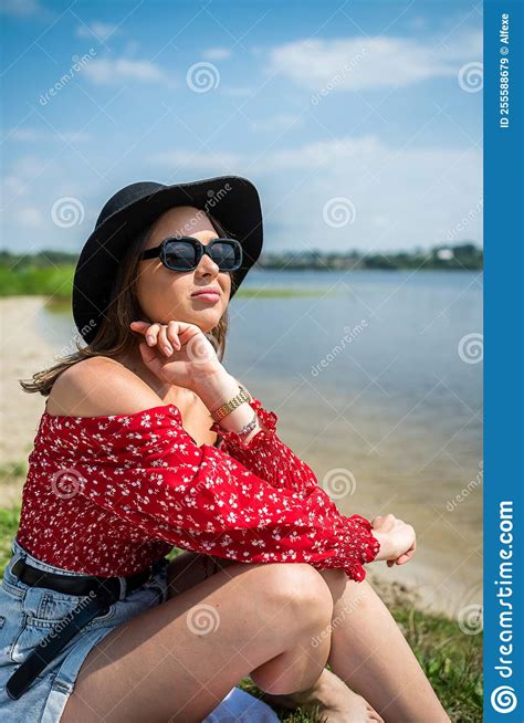 Beautiful Woman Sitting Near The Lake Summer Day Stock Image Image Of Alone Grass 255588679