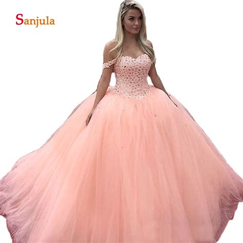 Luxury Crystal Quinceanera Dresses Ball Gown Off Shoulder Coral Tulle Sweet 15 Party Dresses