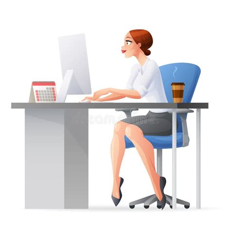 Business Woman Working In Office With Desktop Computer Vector