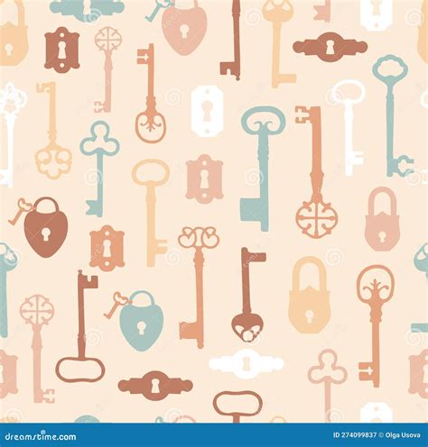 Vintage Seamless Pattern With Different Antique Keys On Pink Stock