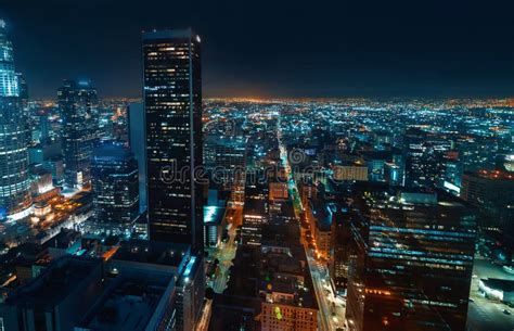 Beautiful Super Wide Angle Night Aerial View Of Los Angeles California