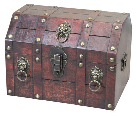 Antique Wooden Pirate Treasure Chest With Lion Rings And Lockable Latch