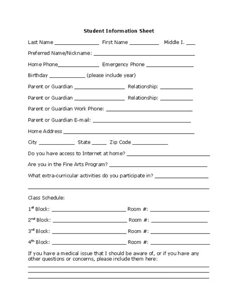 Student Information Sheet Template For Teachers Hq Pr