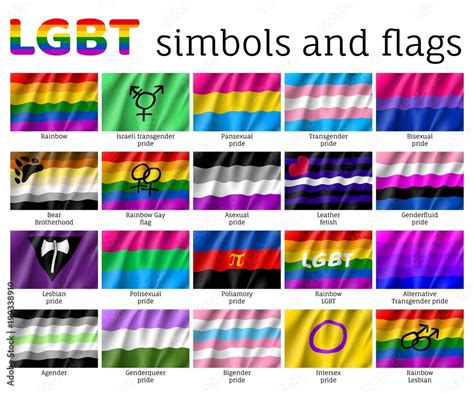 set symbols flags lgbt movement realistic waving flags collection of signs for people of