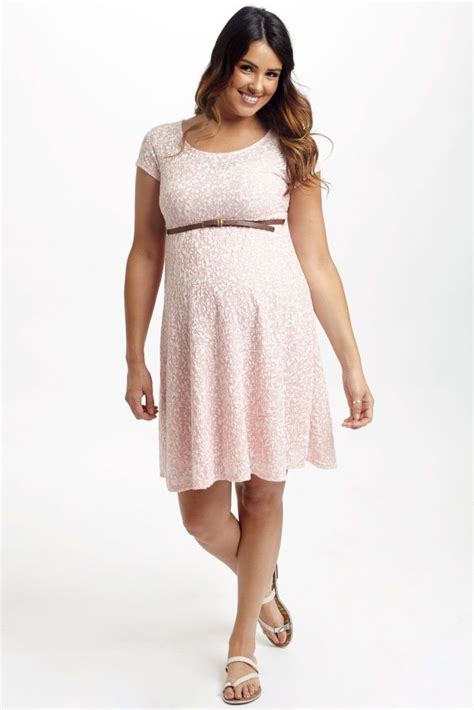 Pink Floral Textured Lace Belted Maternity Dress Pink Blush Maternity