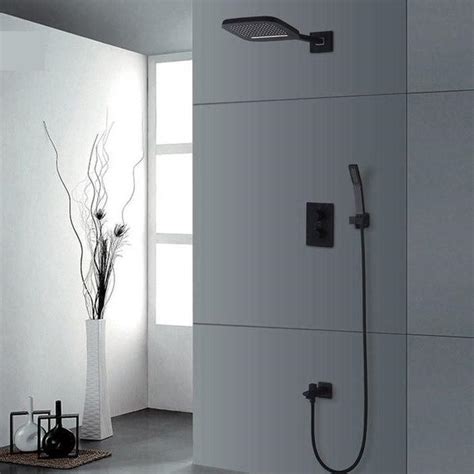 Rain Waterfall Shower Set System 10 X 8 In Black With Thermostatic
