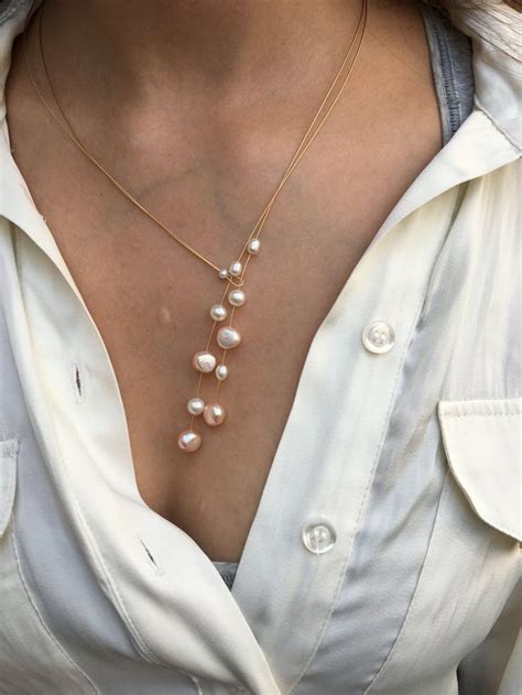 Freshwater Pearl Necklace Rose And White On A Wire Of Gold Etsy